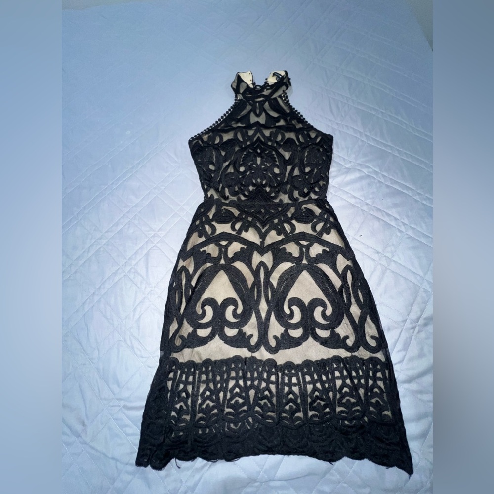 Nude and Black Lace Open Back Dress